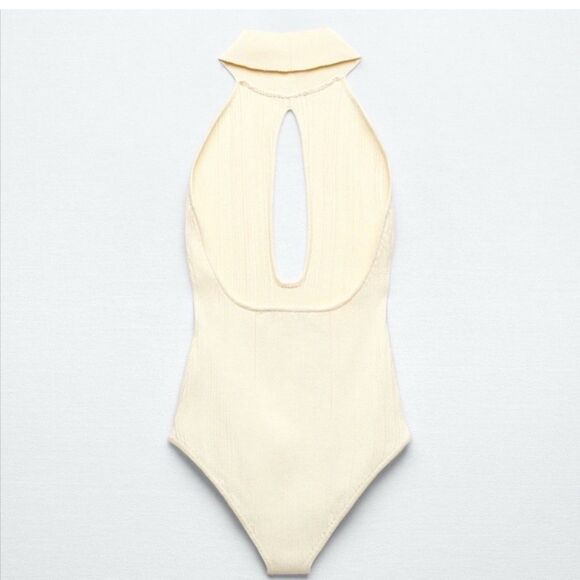 Zara Cream Bodysuit Knit Cut Out Halter Neck Size XL - Picture 7 of 9